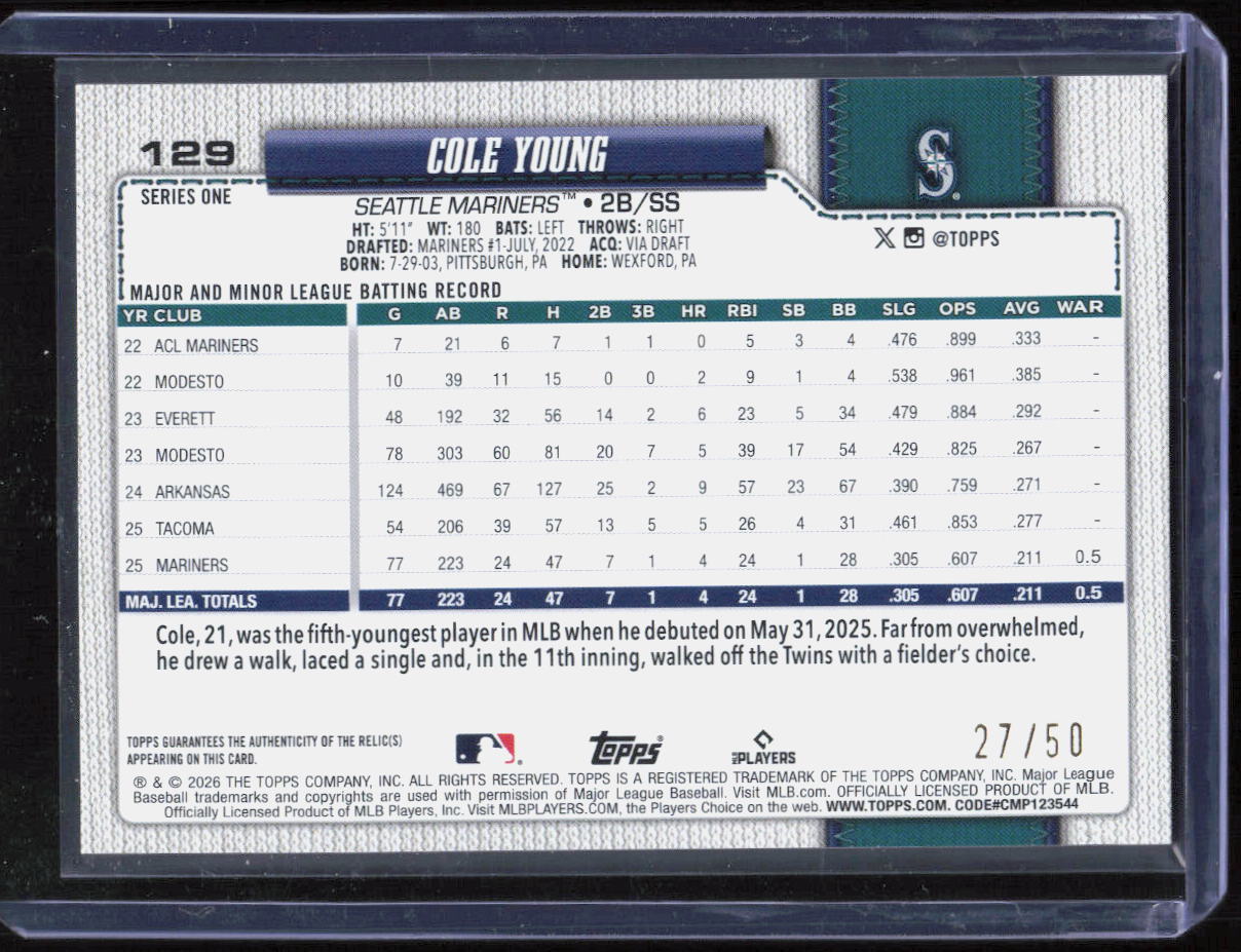 2026 Topps Series 1 - Cole Young ROOKIE Gold Holo Foil Patch Relic /50 Mariners