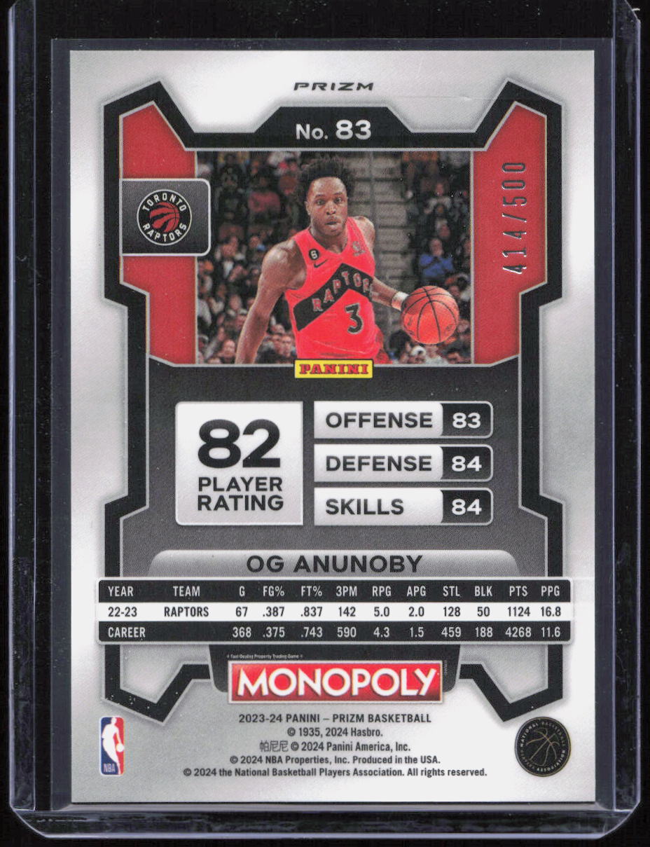2023-24 Prizm Monopoly OG Anunoby Gold Money Shimmer /500 #83 Raptors Knicks