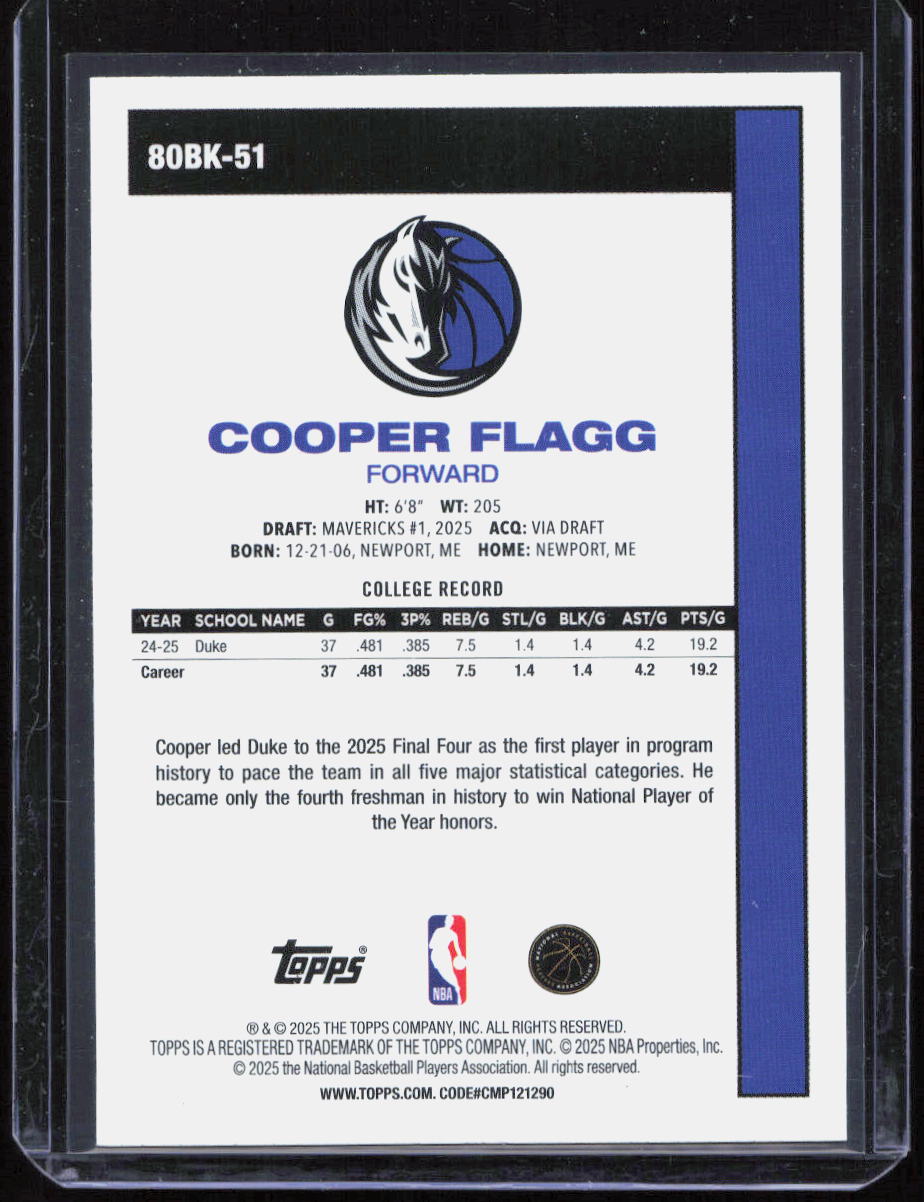 2025 Topps Cooper Flagg RC 45th Anniversary Silver 80BK-51