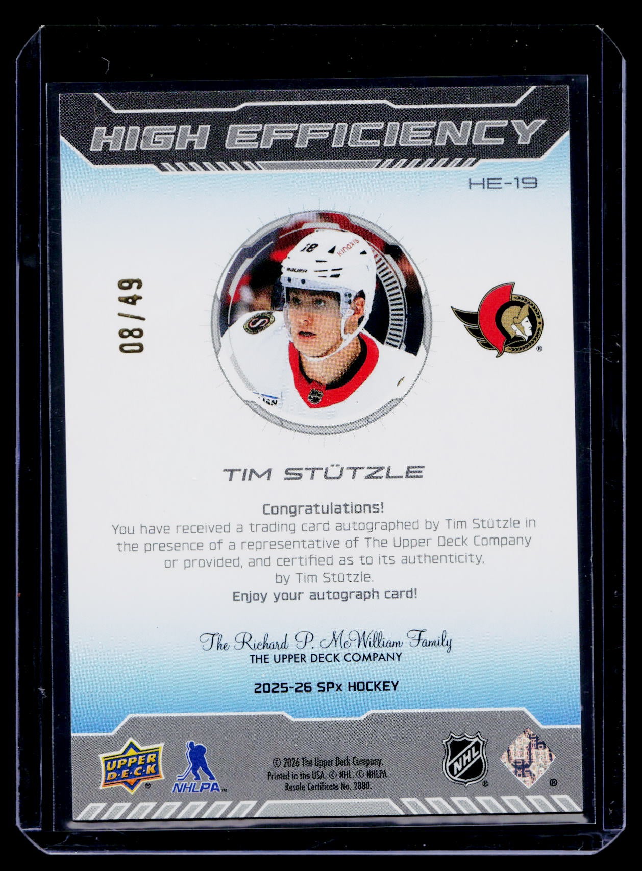 2025-26 UD SPX HOCKEY HIGH EFFICIENCY TIM STUTZLE AUTO /49