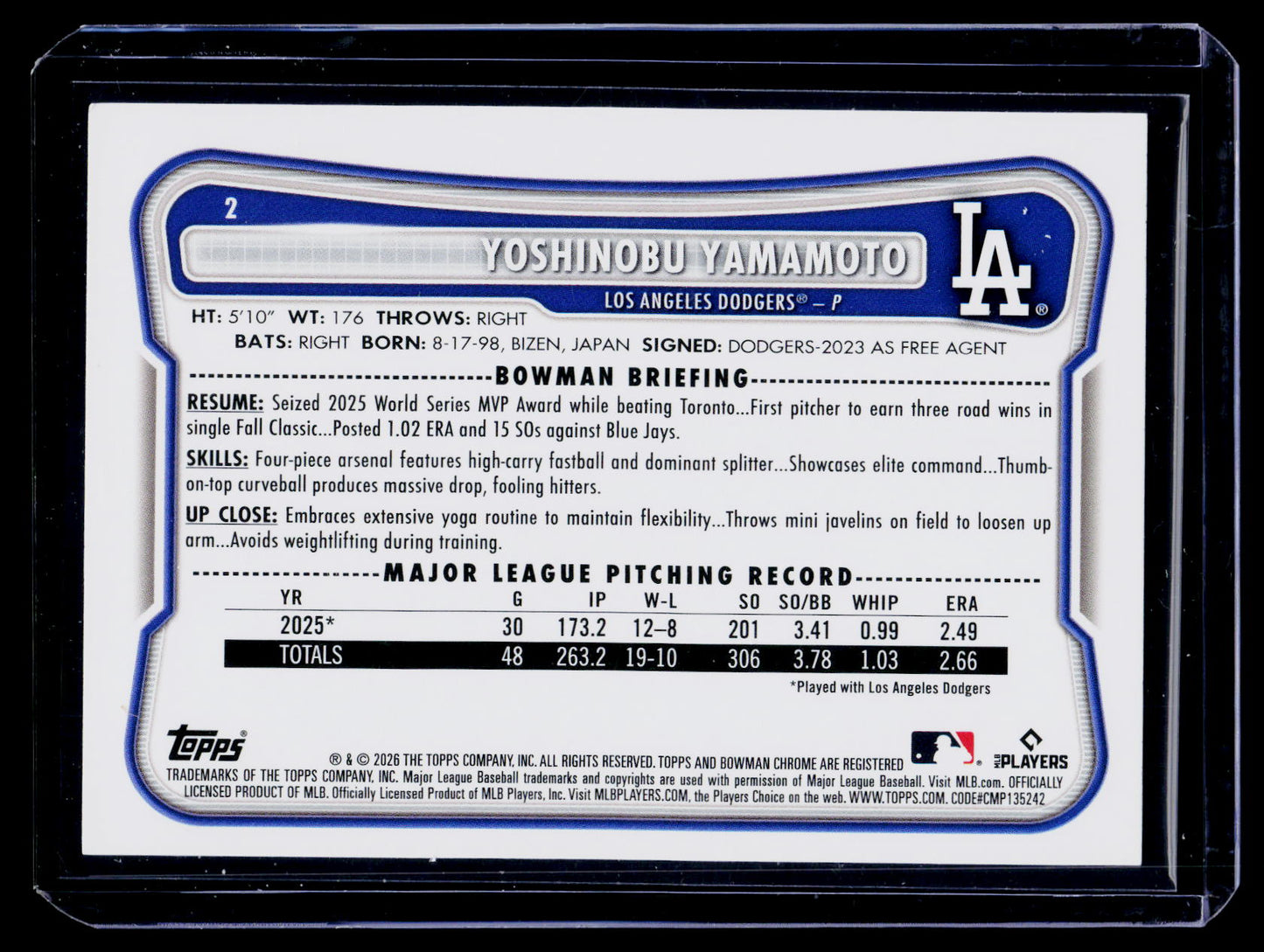 2026 Bowman Baseball Yoshinobu Yamamoto Purple Pattern Parallel /250 Dodgers
