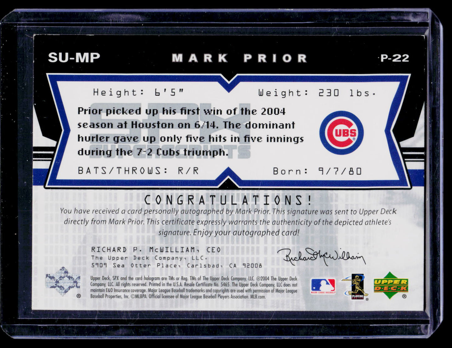 2004 SPx SUPER SCRIPTS STAR AUTOGRAPH #SU-MP MARK PRIOR