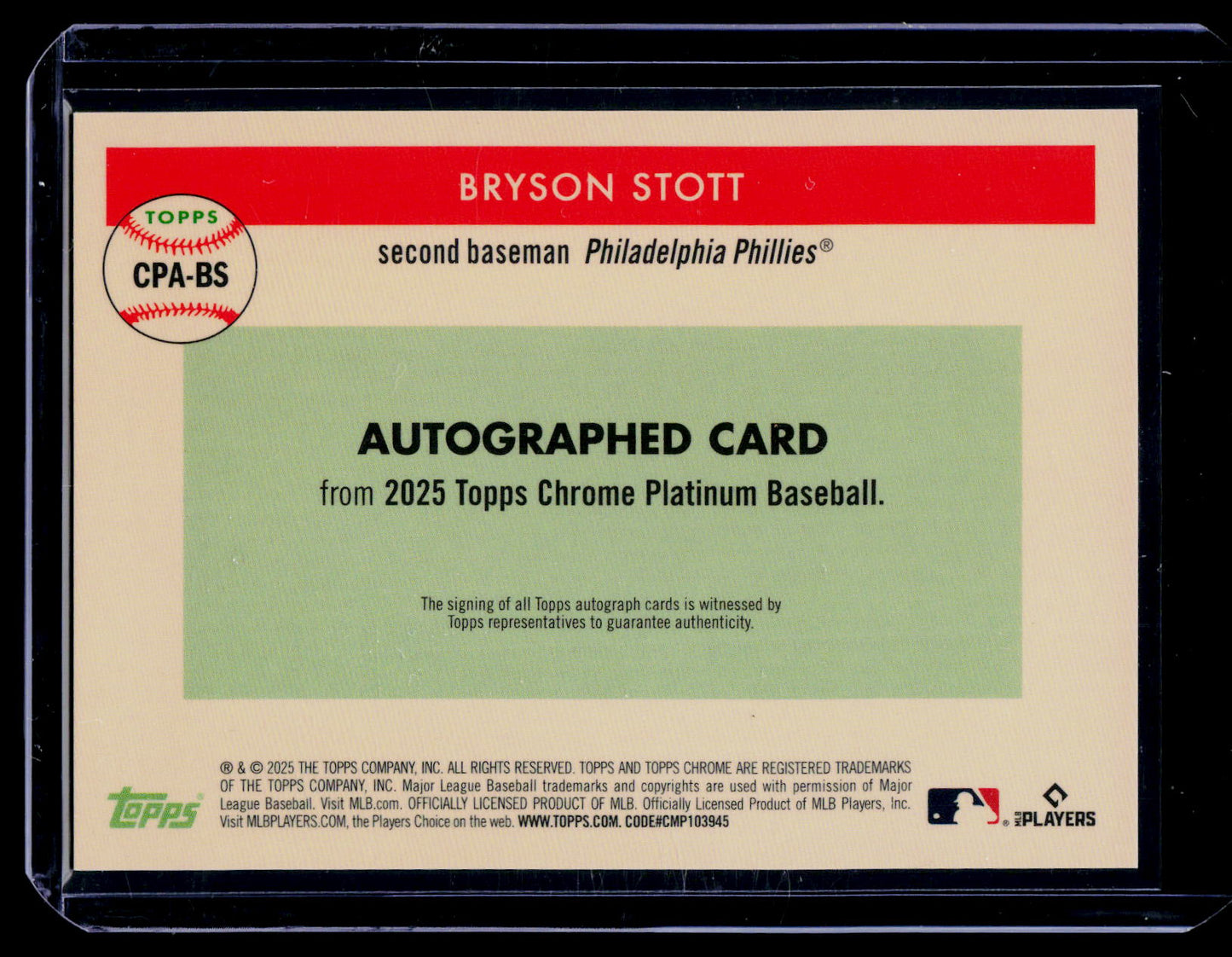 2025 Topps Chrome Platinum #CPA-BS Bryson Stott Gold Refractor On Card Auto /50