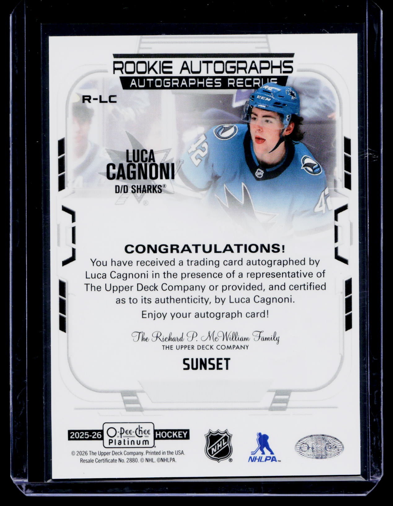 2025-26 O-Pee-Chee Platinum Luca Cagnoni RC On-Card Auto Sunset SSP #R-LC