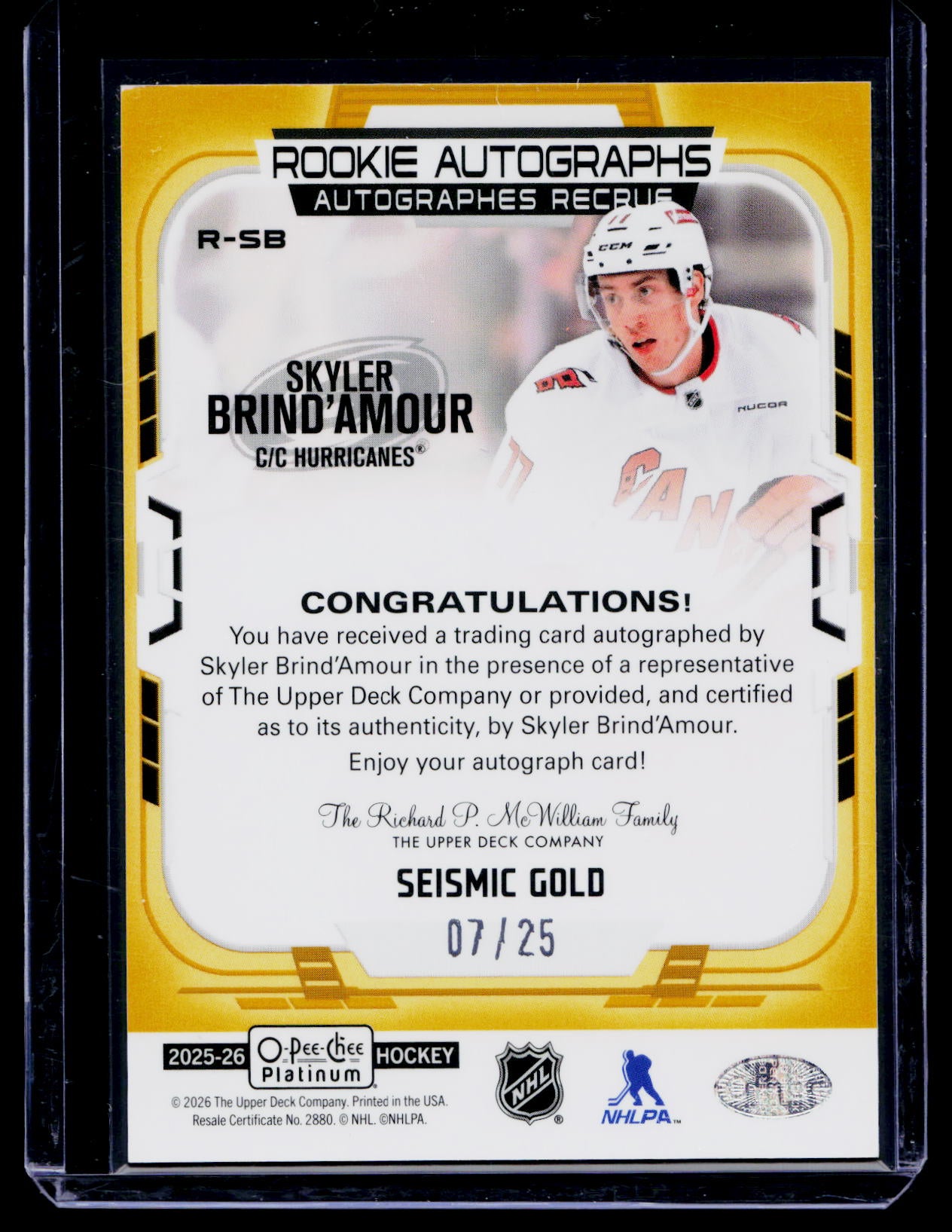 2025-26 O-Pee-Chee Platinum Skyler Brind'amour Rookie AUTO Seismic Gold /25 SP