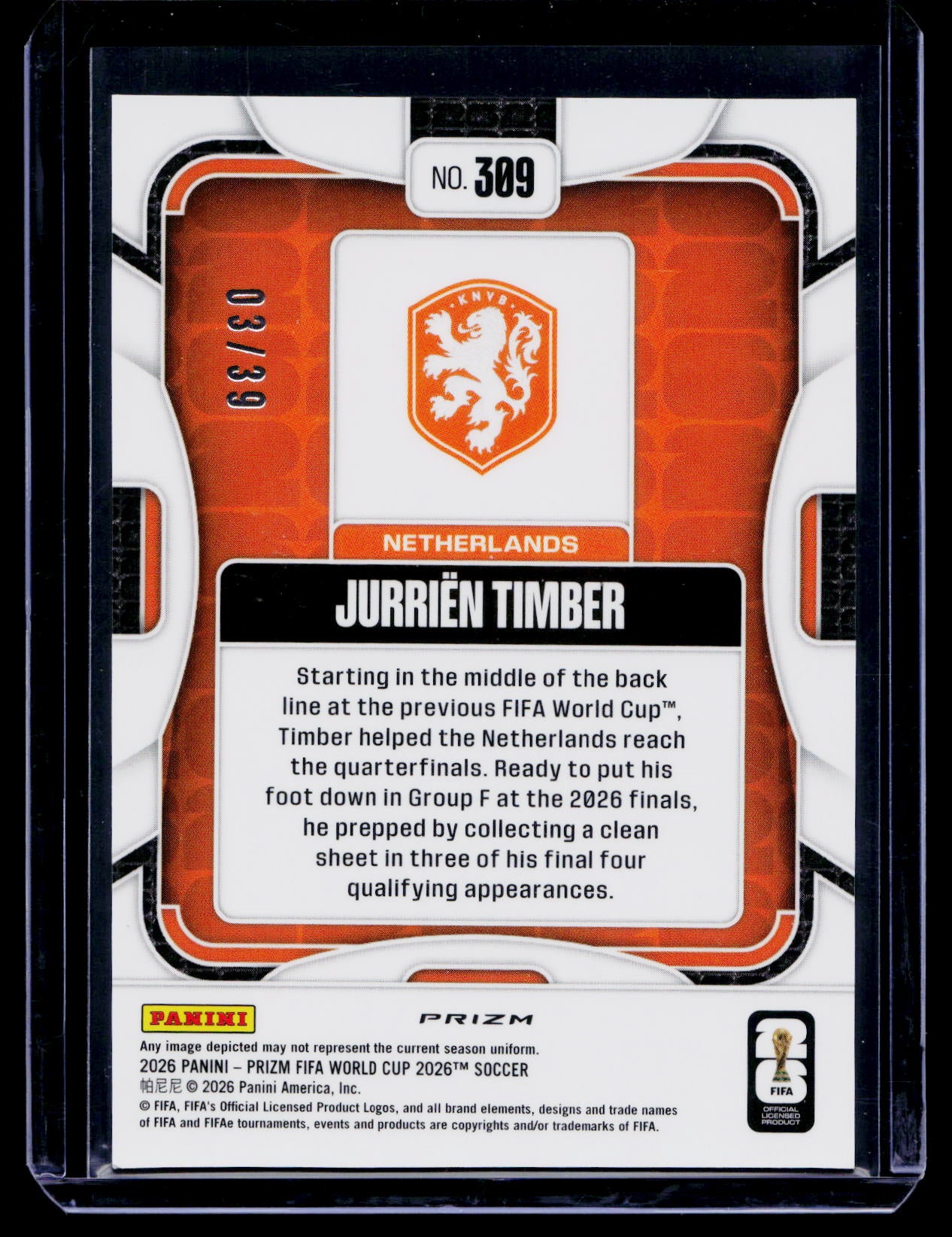 Jurrien Timber 2026 Prizm FIFA World Cup #309 Red Wave /39 Netherlands