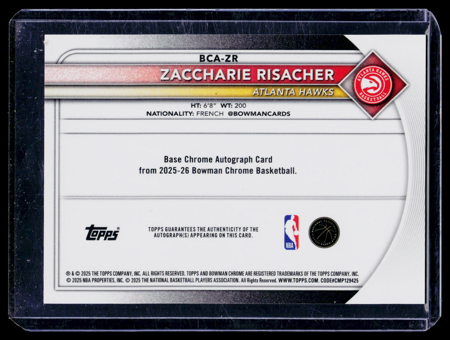 2025-26 Bowman Chrome Zaccharie Risacher Gold Mojo Refractor Auto /50 BCA-ZR