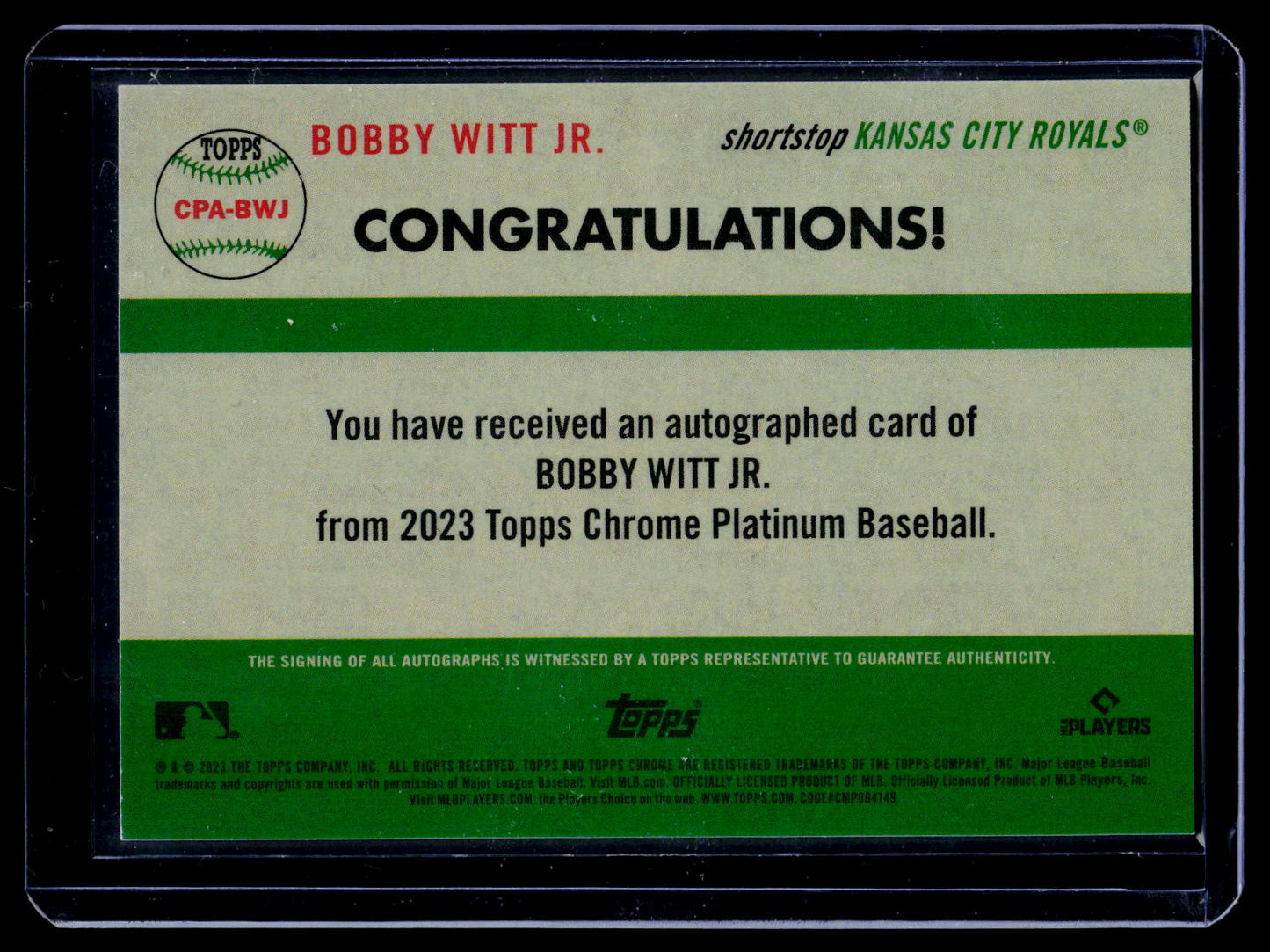 2023 Topps Chrome Platinum Bobby Witt Jr. Auto Green /75