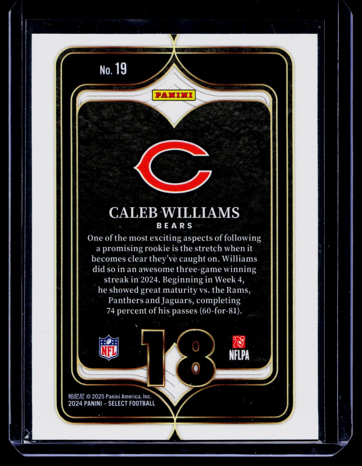 2024 Panini Select By The Numbers Zebra Caleb Williams #19 Rookie RC