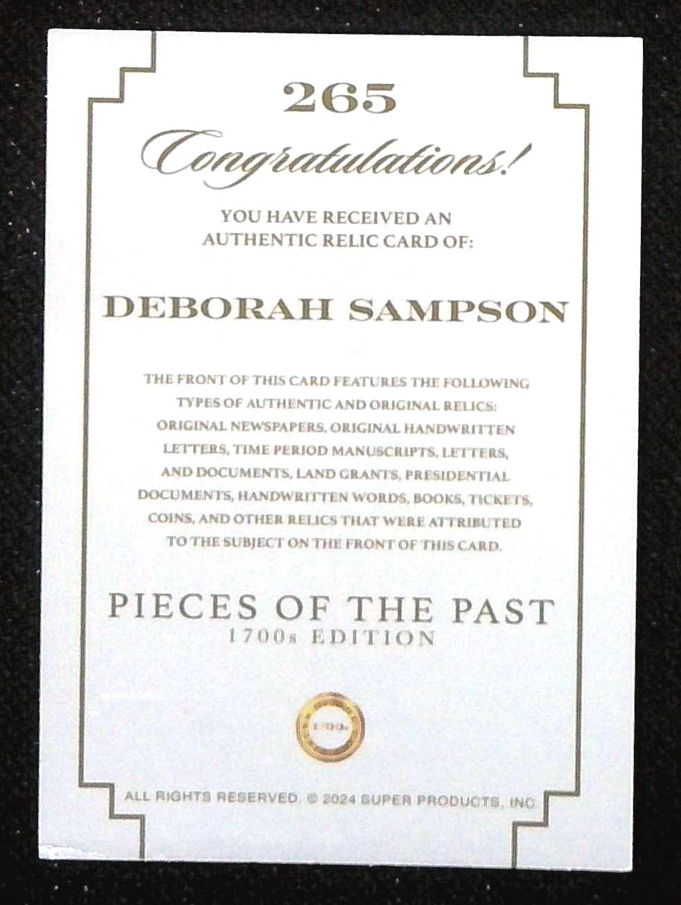 2024 Pieces of the Past 1700s Edition Deborah Sampson #265 Written Relic