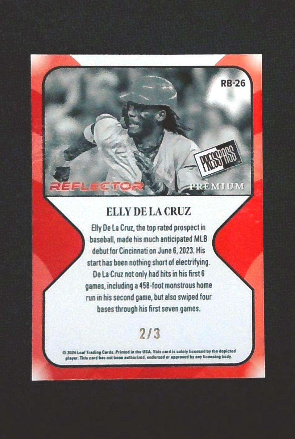 2024 LEAF PRESS PASS PREMIUM ELLY DE LA CRUZ 2/3 GREEN REFLECTOR ROOKIE REDS