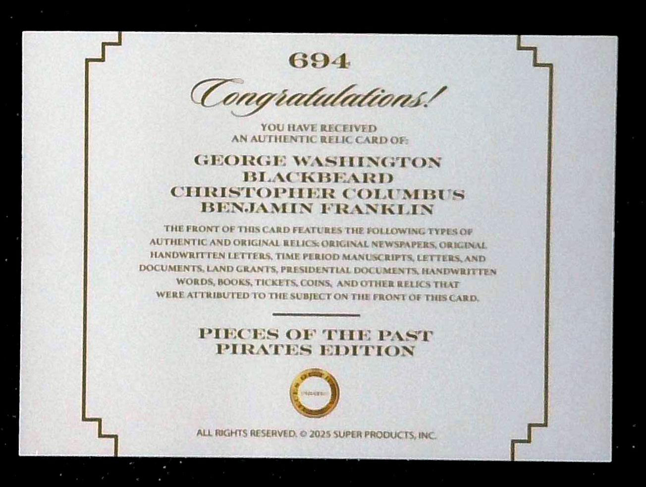 2025 Pieces Of The Past Pirates Washington,Blackbeard,Columbus,Franklin Written Relics