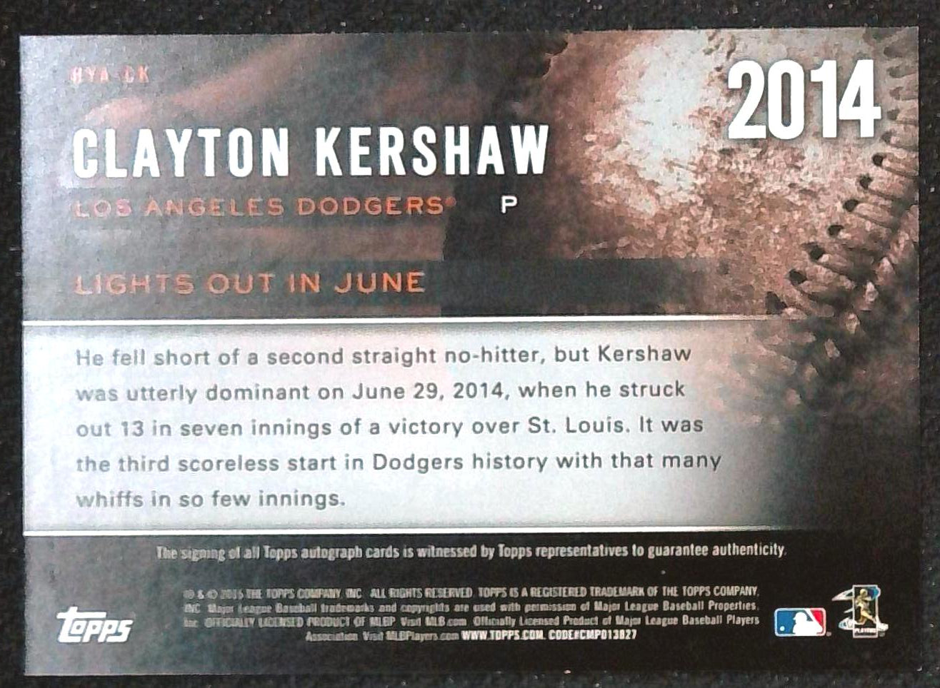 2015 Topps Highlight Of The Year Clayton Kershaw Auto /25