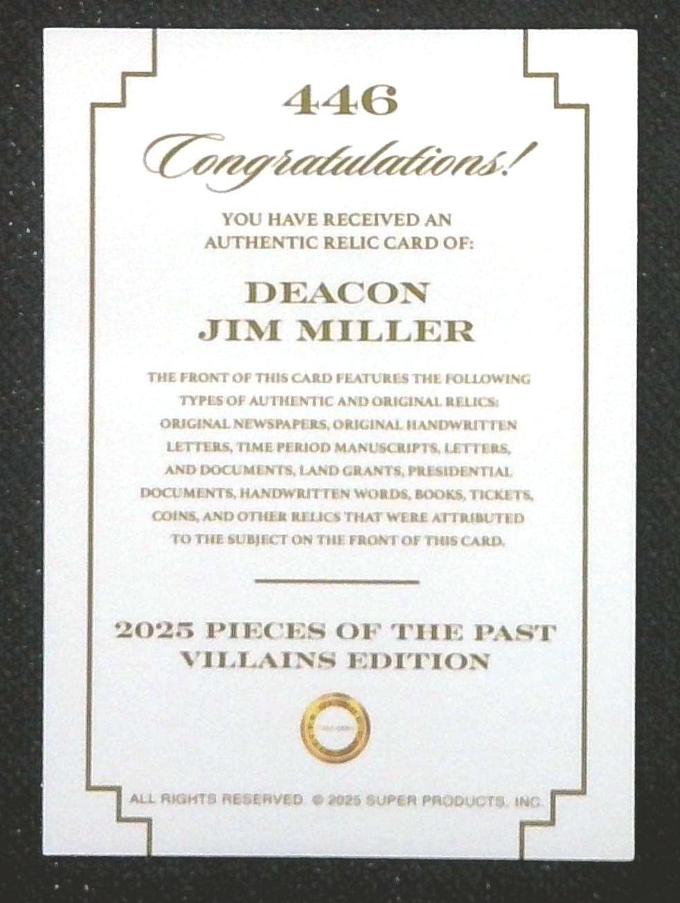 Deacon Jim Miller 2025 Pieces of the Past Villains Authentic Relic card #446
