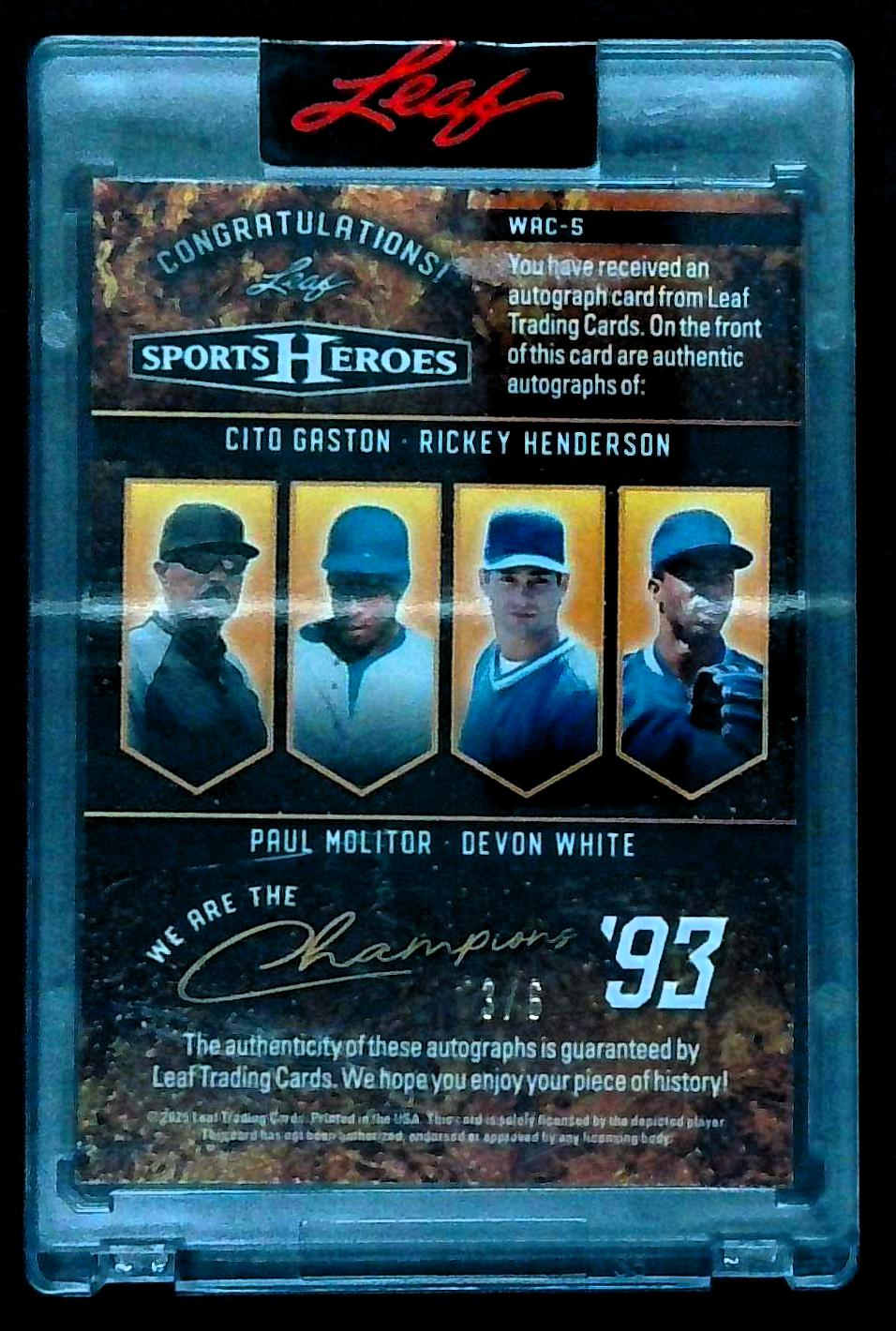 RICKEY HENDERSON / PAUL MOLITOR 2025 Leaf Sports Heroes Quad Auto SP /6