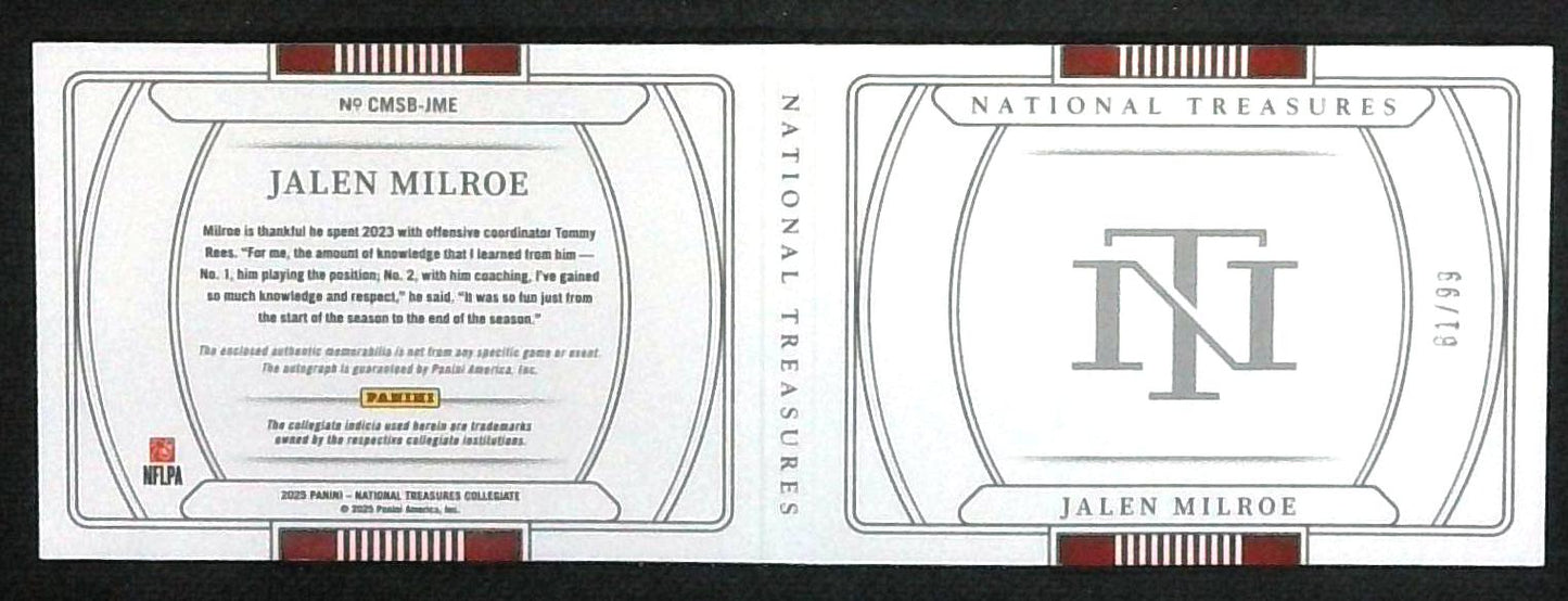 Panini National Treasures Collegiate Rookie Patch Auto Jalen Milroe Alabama /99