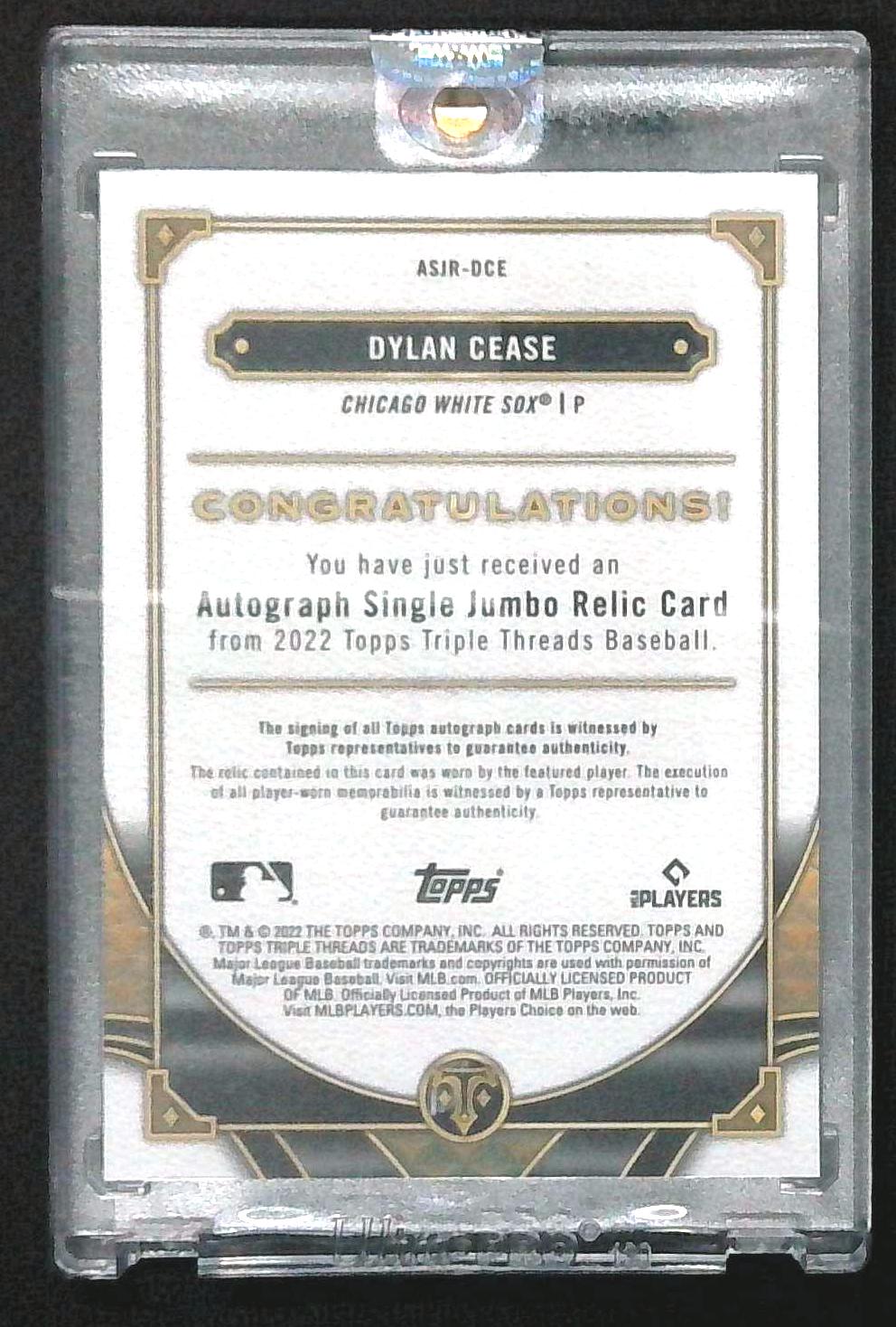 2022 Topps Triple Threads Single Jumbo Relic Dylan Cease JUMBO JERSEY AUTO /10