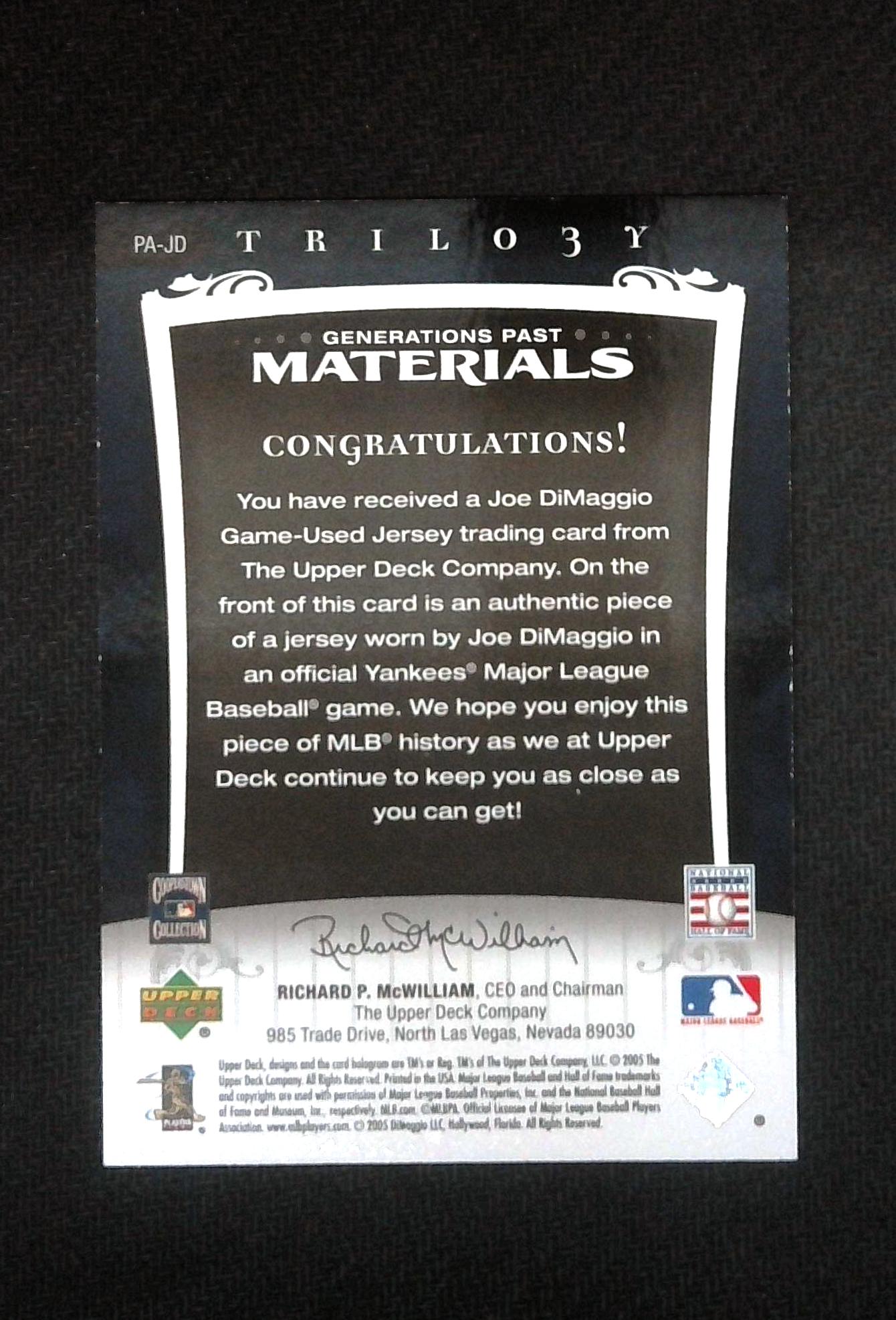 2005 Upper Deck Trilogy Joe DiMaggio Game Used Jersey Relic /25