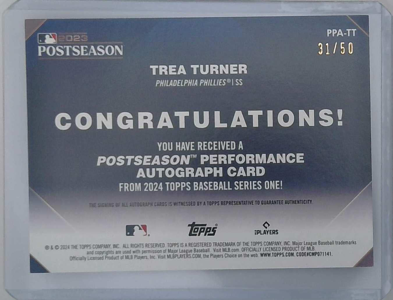 Trea Turner 2024 Topps Series 1 2023 Postseason Performance Auto /50