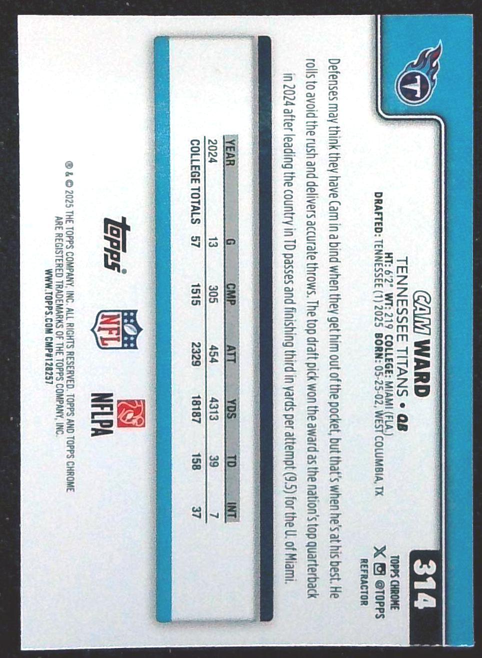 2025 Topps Chrome Cam Ward Rookie Refractor