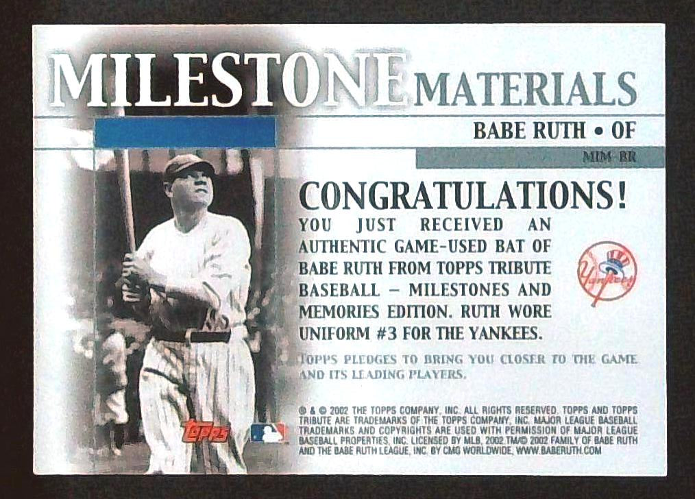 2002 Topps Tribute Milestone Materials Babe Ruth Game Used Bat Relic