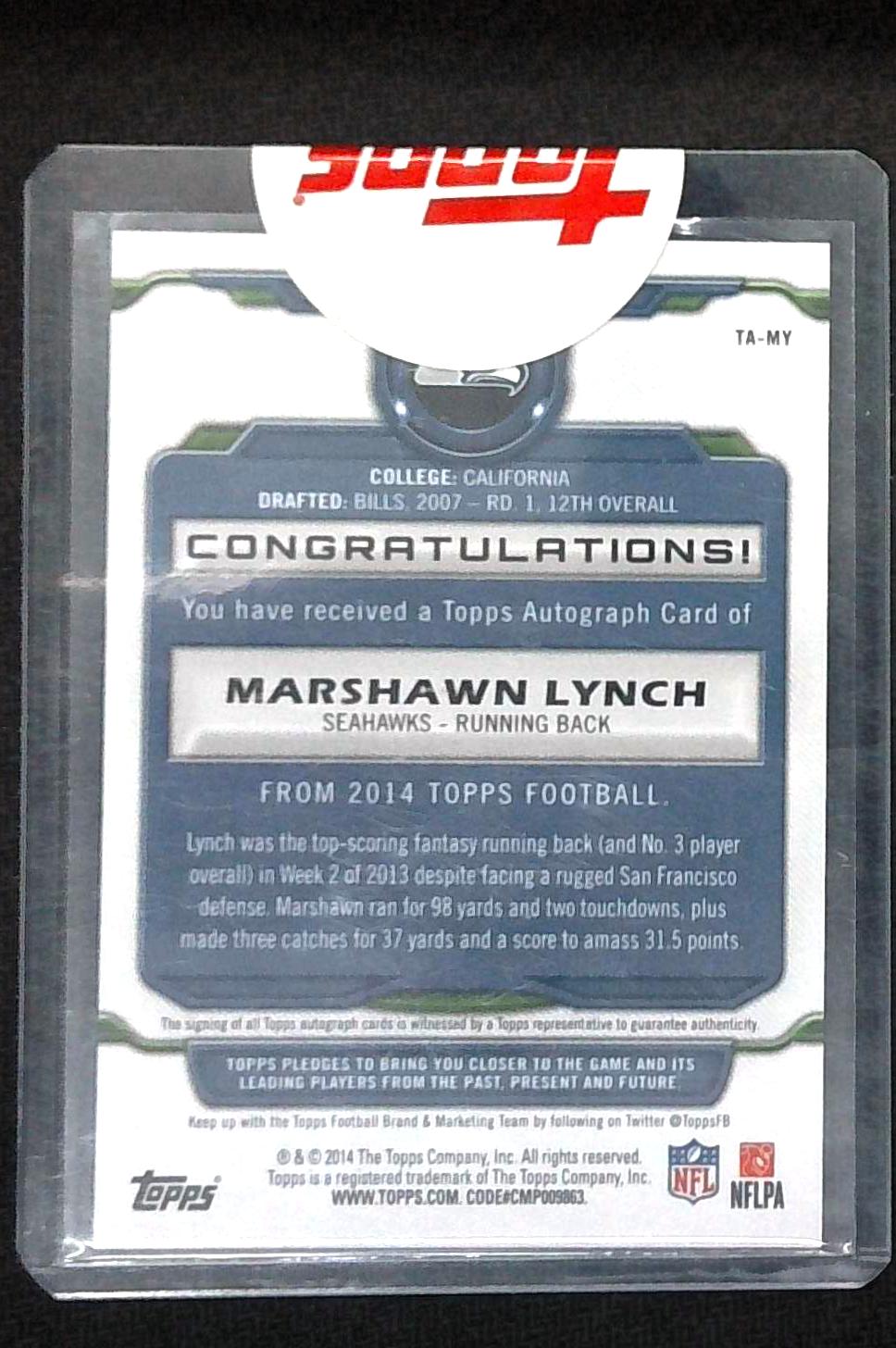 2014 Topps Marshawn Lynch TA-MY Auto Autographed Signed Seattle Seahawks