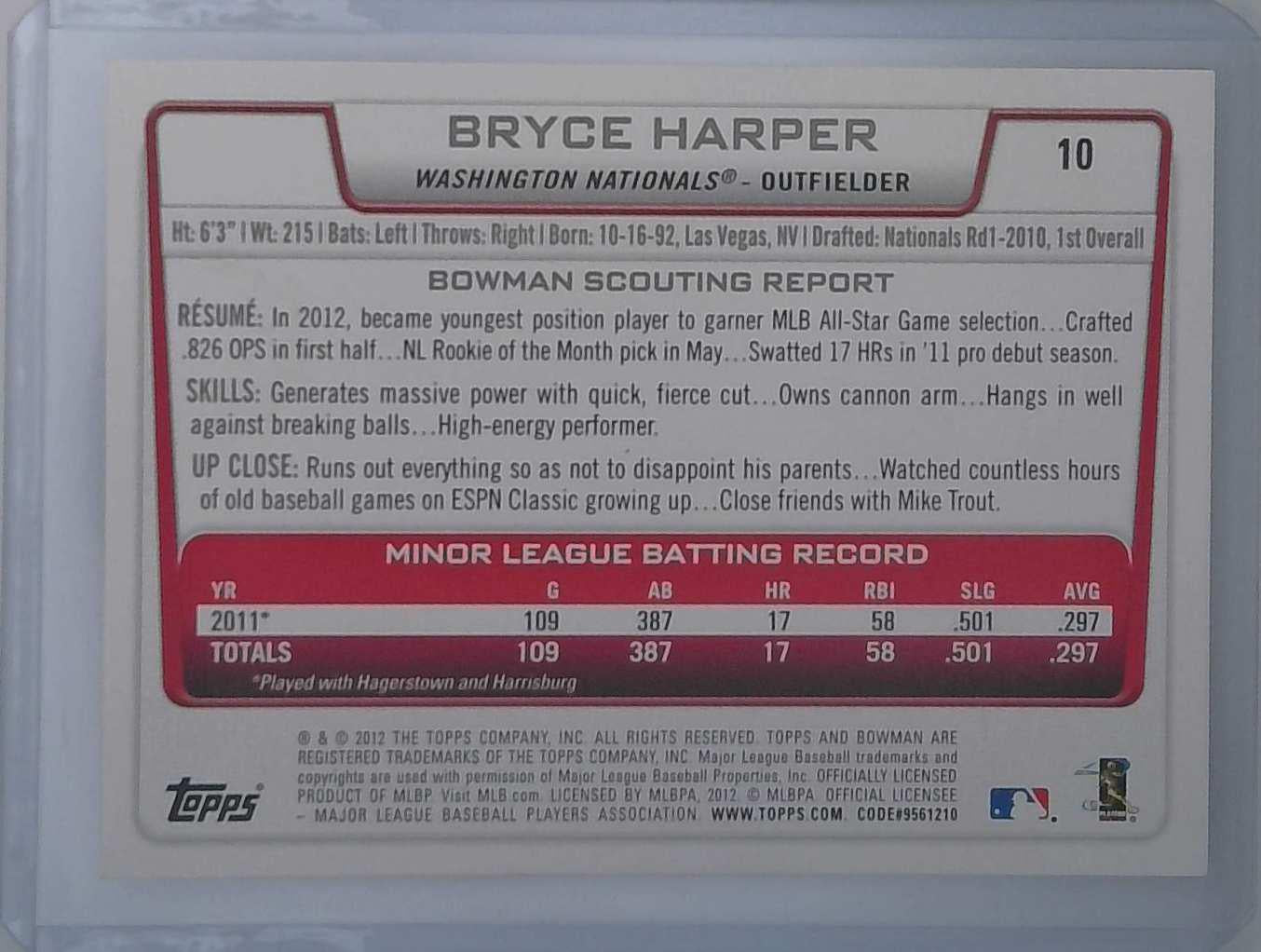 2012 Bowman Draft #10 Bryce Harper RC Rookie Washington Nationals