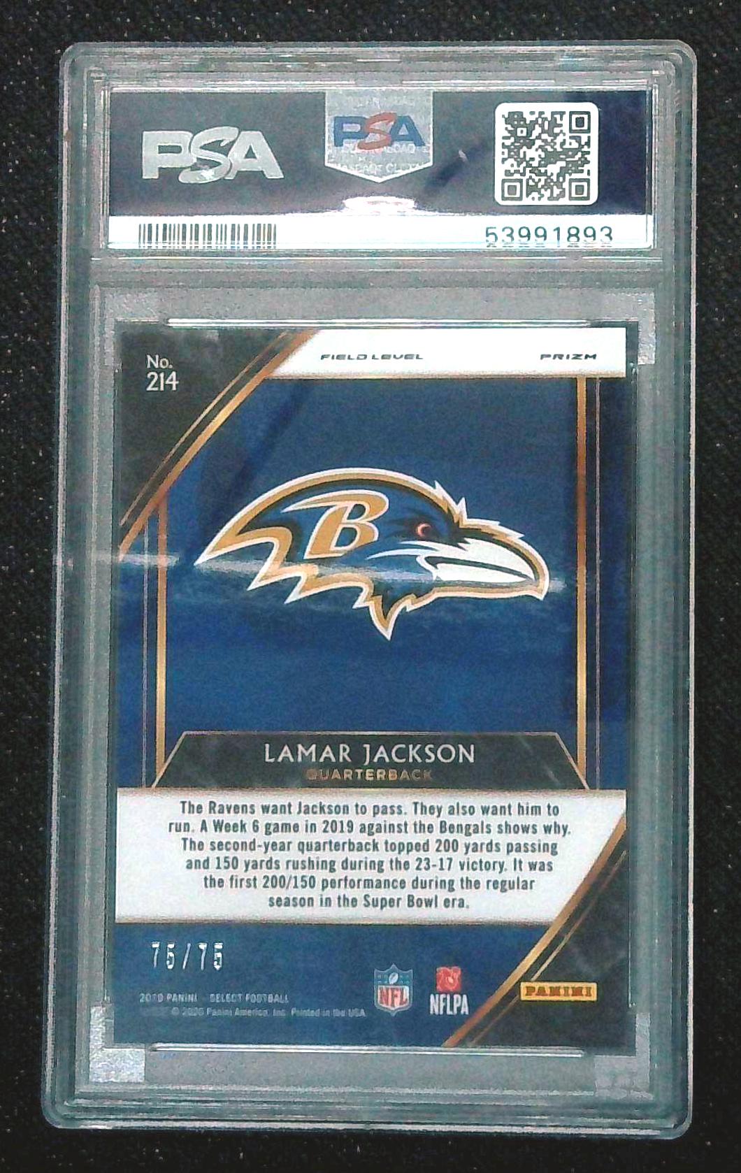 2019 Panini Select Lamar Jackson Blue Field Level Prizm 75/75 PSA 10