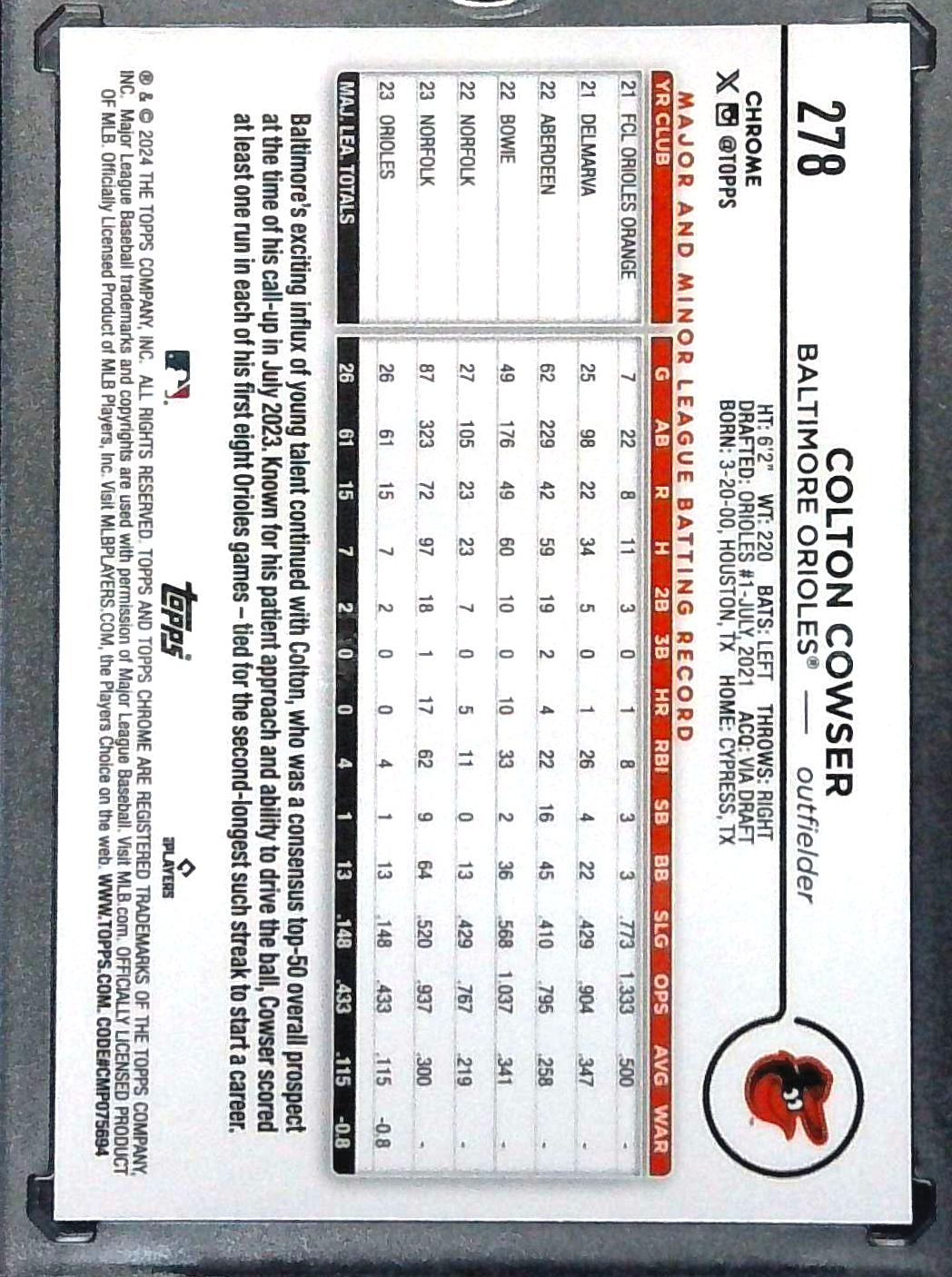2024 Topps Chrome - Colton Cowser #278 Gold RayWave Refractor 16/50 (RC) ORIOLES