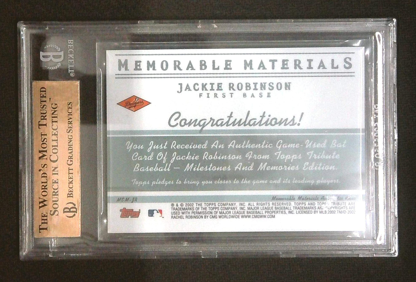 2002 Topps Tribute Memorable Materials Jackie Robinson Game Used Bat BGS 9.5