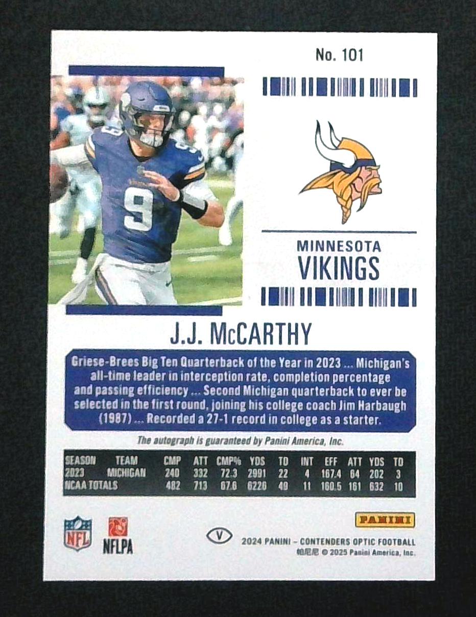 2024 Panini Contenders JJ McArthy Rookie Ticket On Card Auto