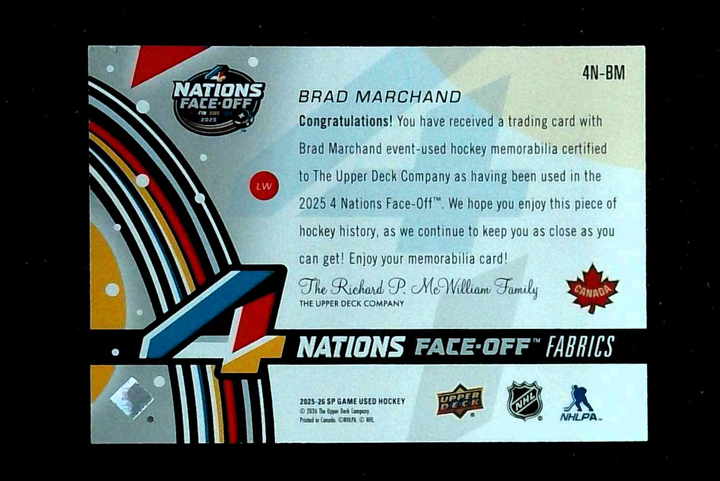 2025-26 SP Game Used Brad Marchand 4 Nations Face Off Fabrics Relic