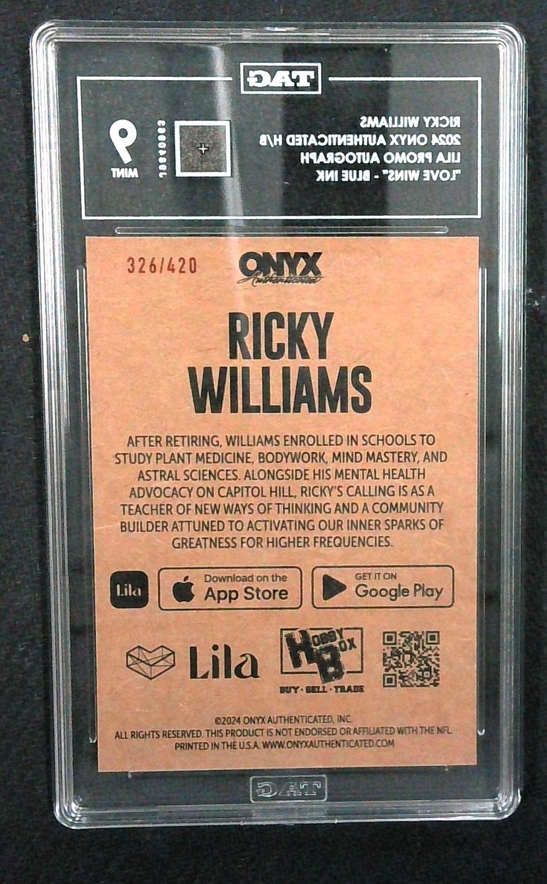2024 Onyx Lila Promo "Love Wins" Ricky Williams Auto /420 TAG 9