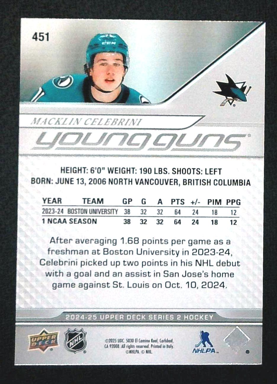 2024-25 Upper Deck Series 2 Macklin Celebrini Young Guns Rookie Card #451