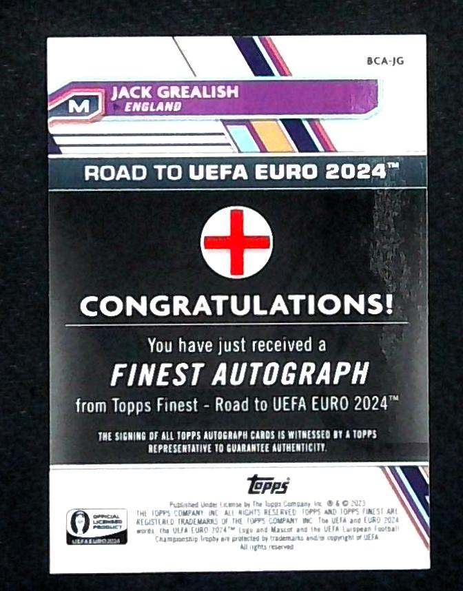 2023 TOPPS FINEST ROAD TO UEFA EURO 2024 JACK GREALISH #BCA-JG REFRACTOR AUTO