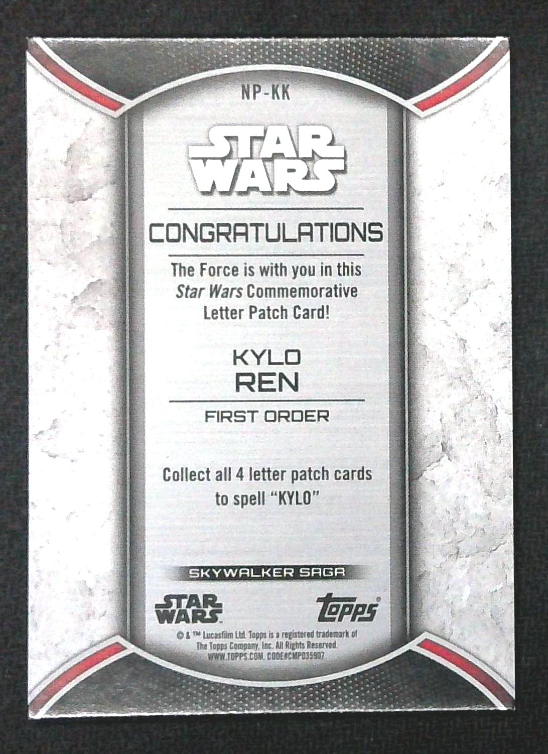 2020 Topps Star Wars Skywalker Saga Kylo Ren Commemorative Letter Patch “K” NP-KK