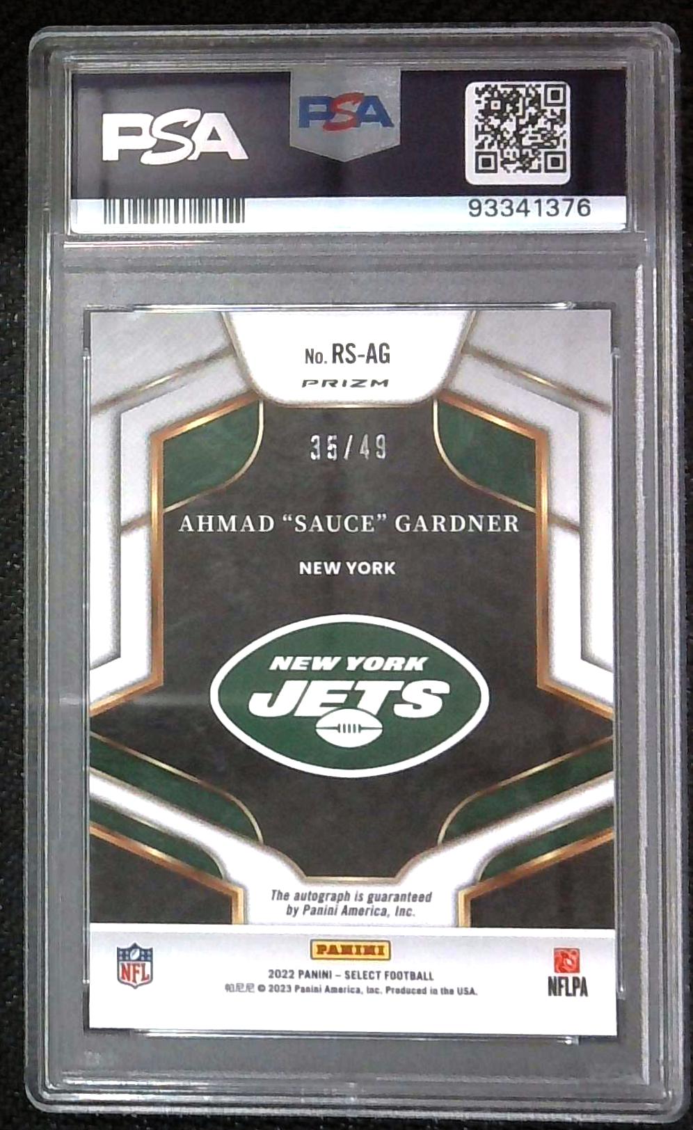 2022 Select Ahmad "Sauce" Gardner Rookie Auto Light Blue /49 PSA 10