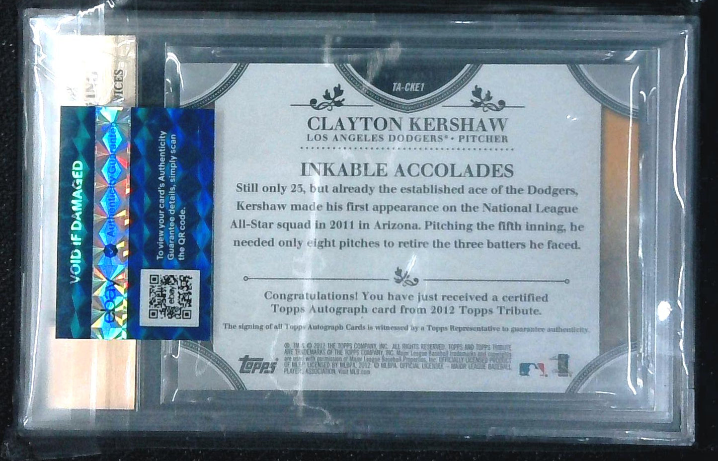 2012 Topps Tribute Clayton Kershaw On Card Auto /15 BGS 9.5