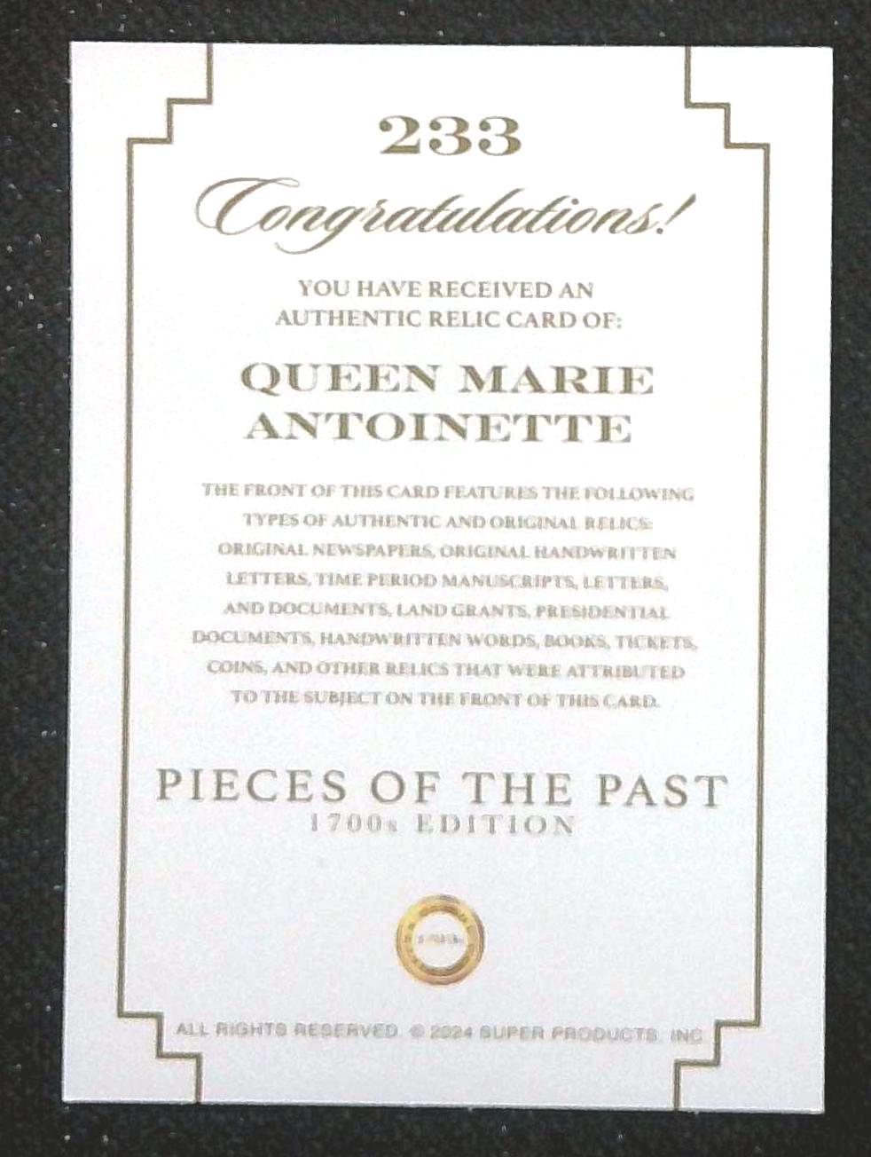 2024 PIECES OF THE PAST 1700s QUEEN MARIE ANTOINETTE Hand Written Relic 233