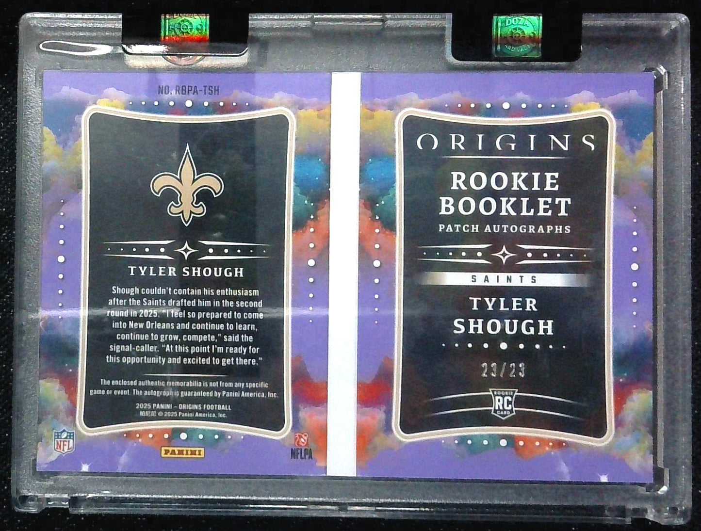 2025 Origins FOTL RC Booklet Tyler Shough /23 Purple Ink New Orleans Saints