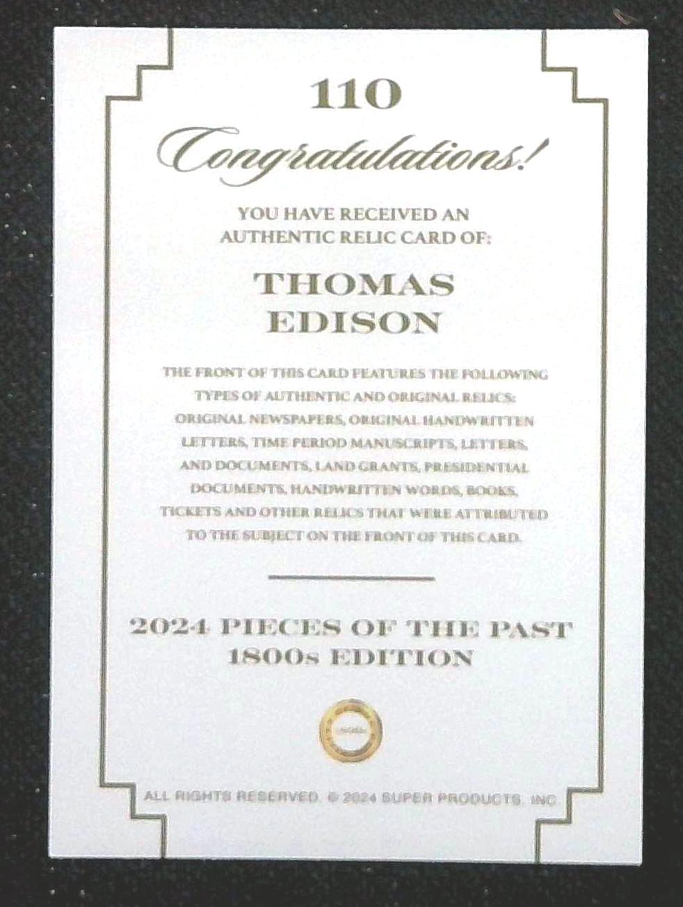 Thomas Edison #110 2024 Pieces of the Past Handwritten Relic