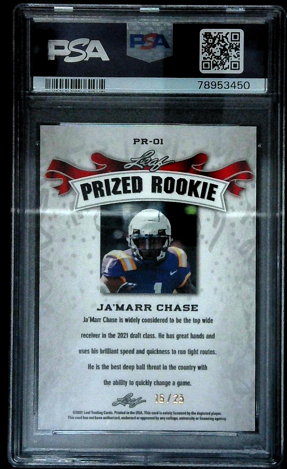 2021 Leaf Ja’marr Chase #PR-01 Prized Rookie Silver /25 PSA 10