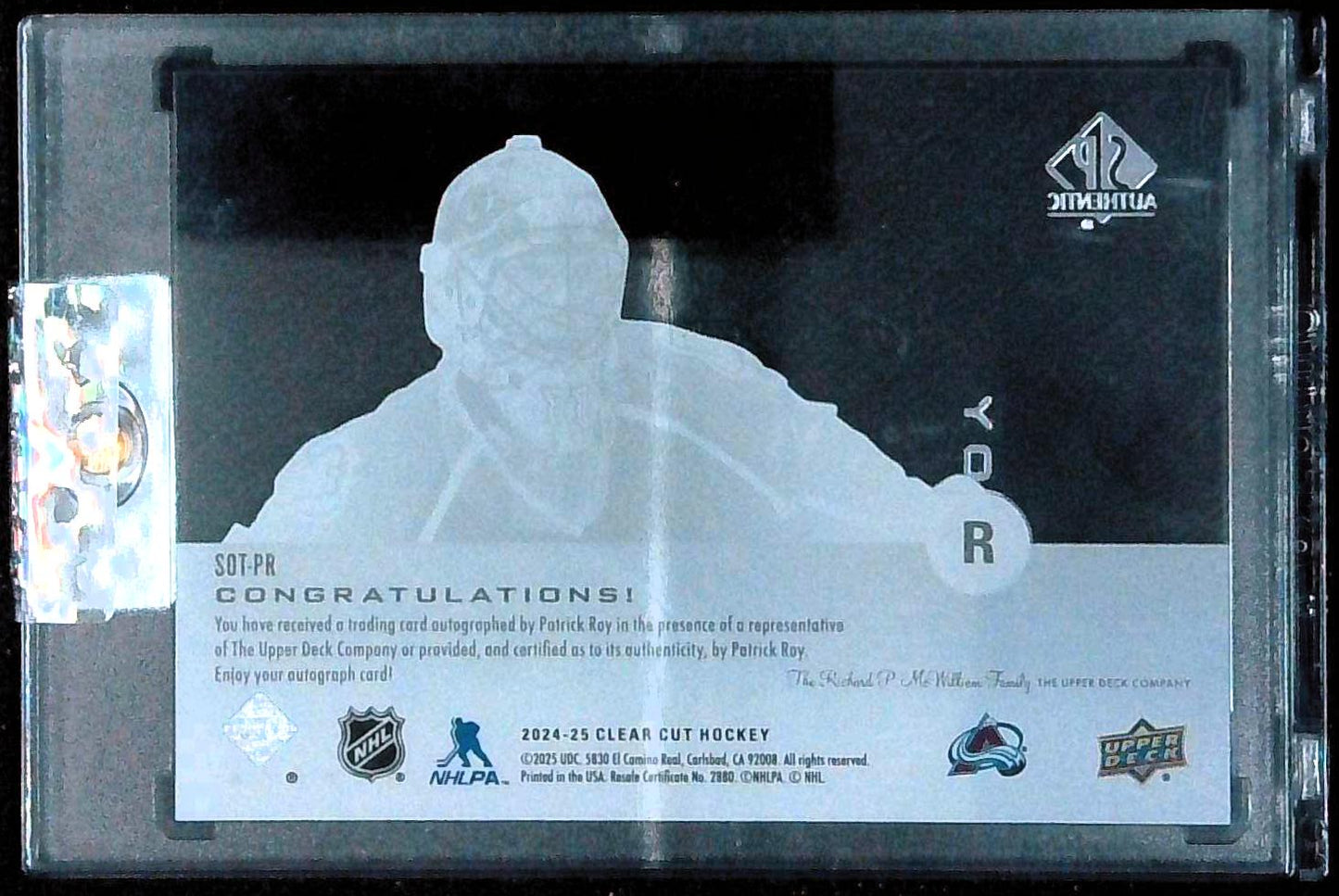 2024-25 Upper Deck Clear Cut Patrick Roy Sign Of The Times Auto SOT-PR Avalanche