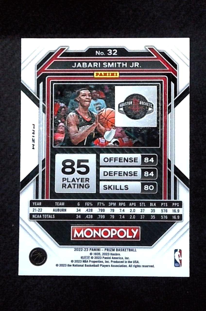 2022 Panini Prizm Monopoly Man Black White Jabari Smith Jr. ROOKIE #32