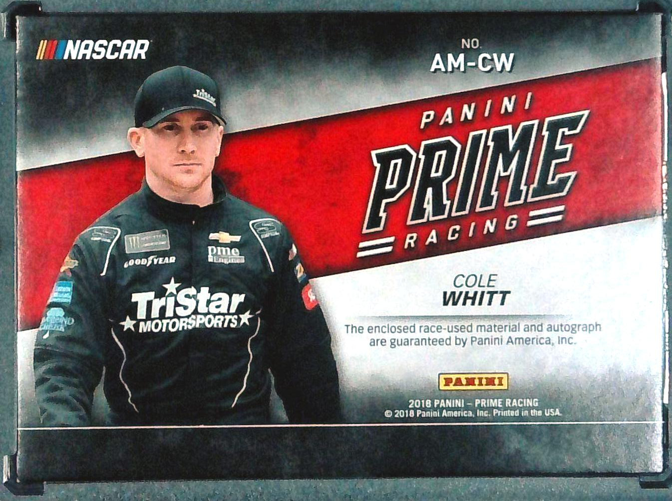 2018 Panini Prime Racing Cole Whitt Relic Auto 1/1