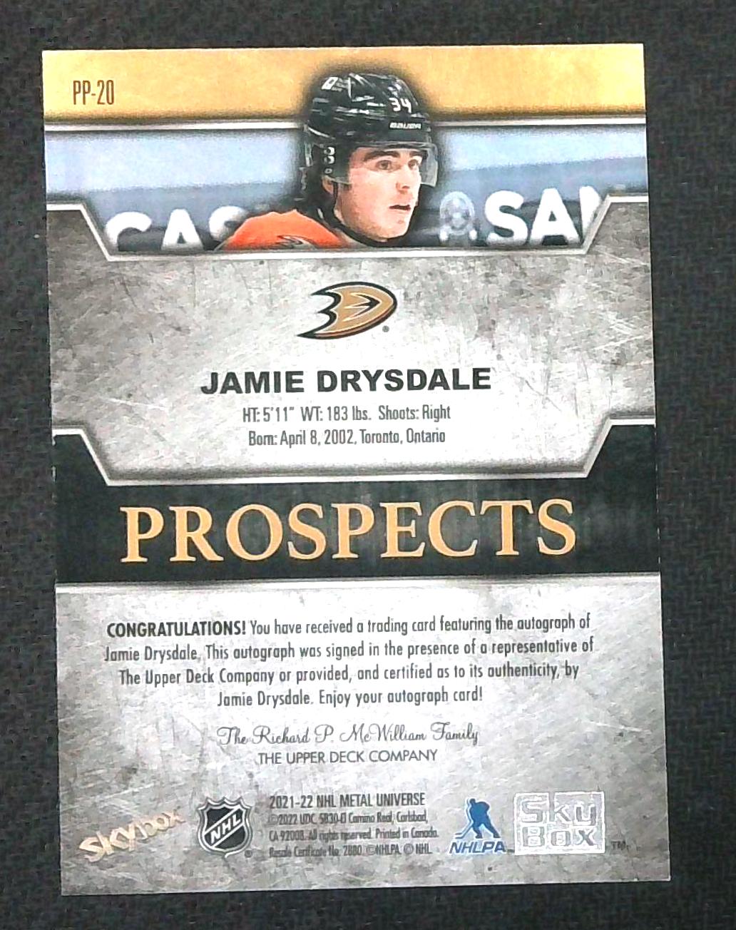 2021-22 Skybox Metal Universe Prospects Jamie Drysdale Autograph RC Ducks