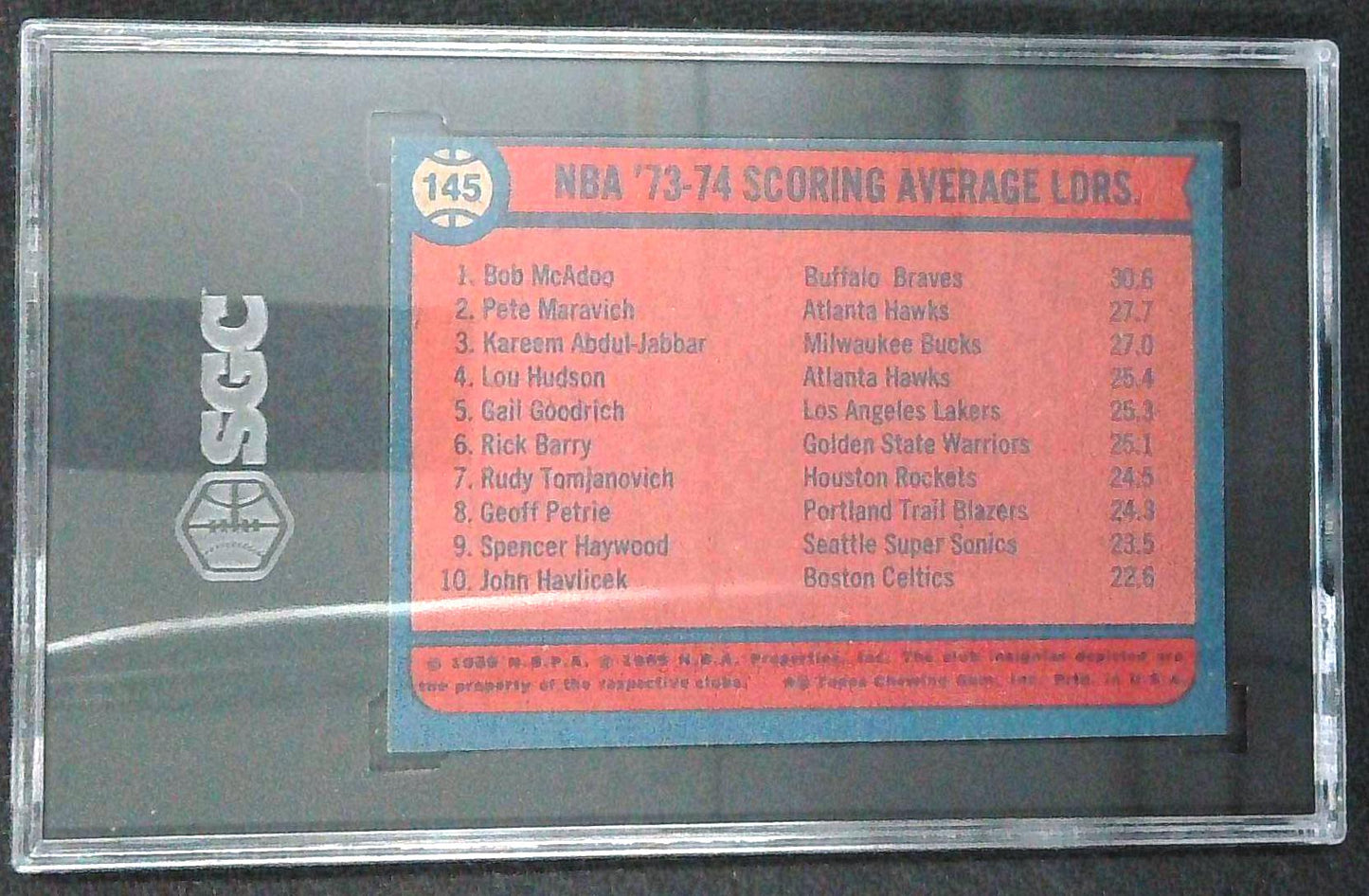 1974 Topps Basketball Bob McAdoo Pete Maravich Kareem Abdul-Jabbar #145 SGC 5