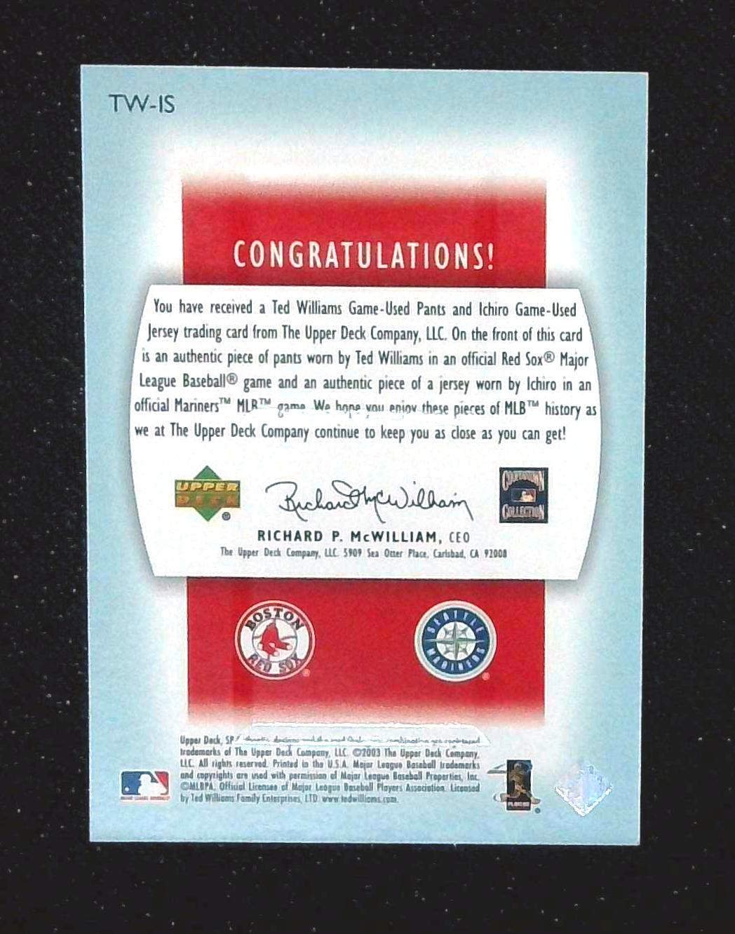 2003 SP Authentic Splendid Swatches Pairs Ichiro Ted Williams Game Used /406