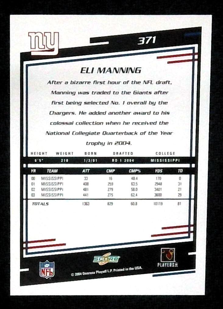 2004 Score - Rookie Eli Manning #371 (RC)