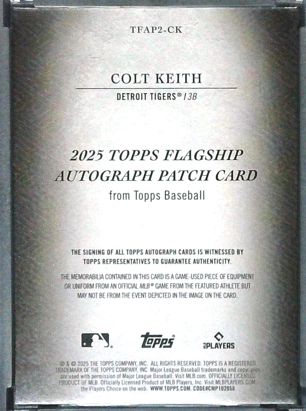 2025 Topps Update Colt Keith Patch Relic Auto /50